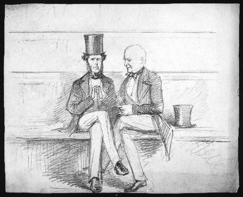 Two Men Seated on a Bench, One with Hat