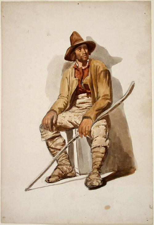 Seated Male Figure Resting Staff on Left Leg