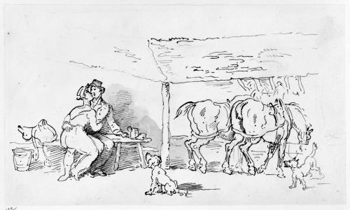 Stable Scene with Embracing Couple, Two Horses, and Two Dogs