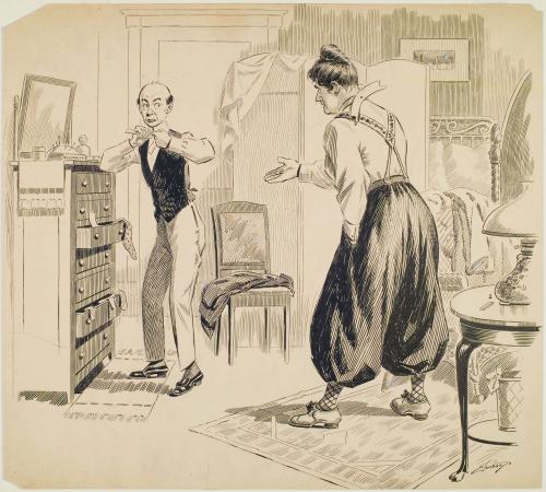 Woman in Men's Dress Offering Her Husband Money