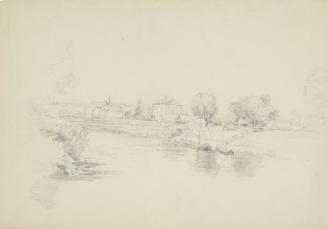 River Scene with Barge, Houses and Windmill