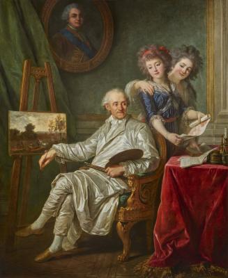 Portrait of the Comte de Cromot, Superintendent of the Comte de Provence, at an easel,
accompanied by his two daughters-in-law