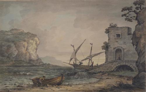 Rocky Coast with Ruin and Fishing Boats